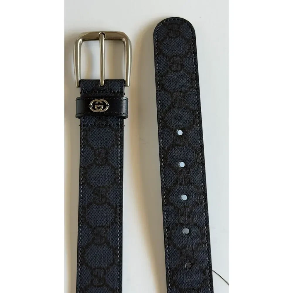 Gucci Interlocking GG Supreme Details Leather Belt Blue/Black 90/36 673921 NWT